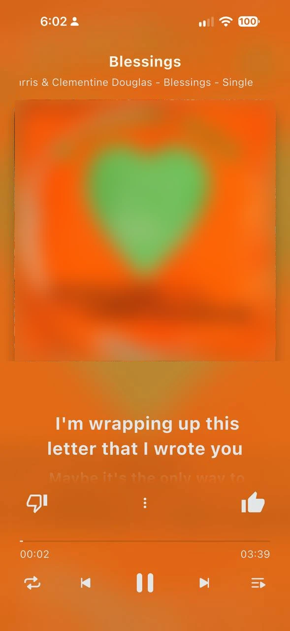 Now Playing on iPhone: album artwork, Vivid background coloured from the artwork, synced lyrics and thumbs up and down
