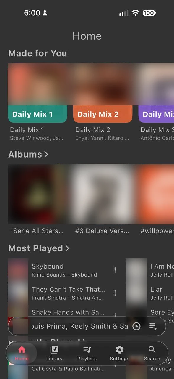 MusicLab+ Home with the Made for You row of Daily Mixes above albums and most played songs